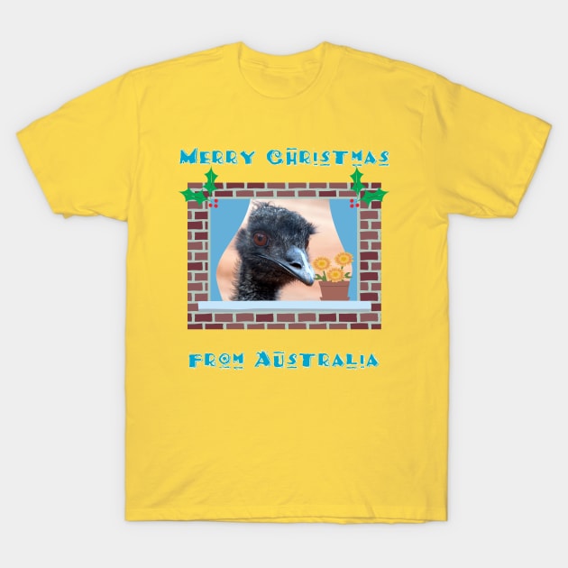 Merry Christmas from Australia with Emu in Window T-Shirt by karenmcfarland13
